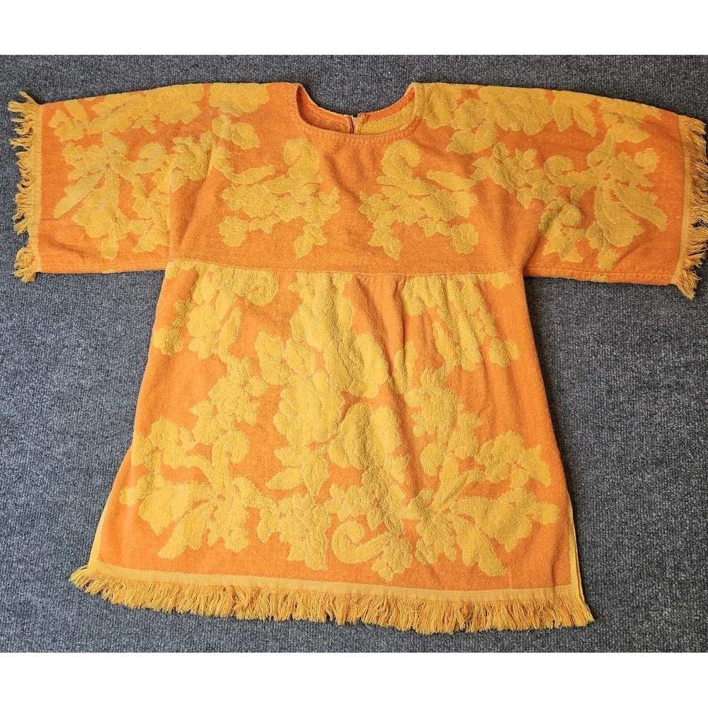Vintage Terry Towel Handmade Cover Up Top MCM Cannon Orange Fringe